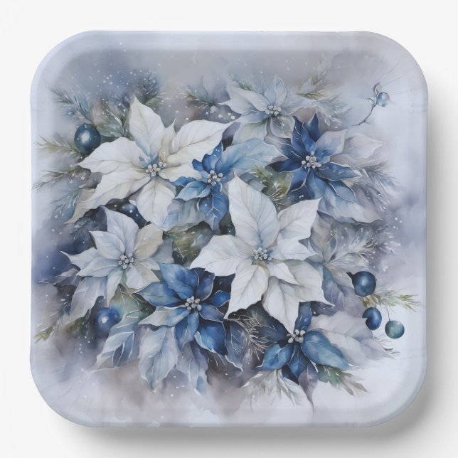 Plato De Papel Flores de poinsettia azul, adornos navideños (Anverso)