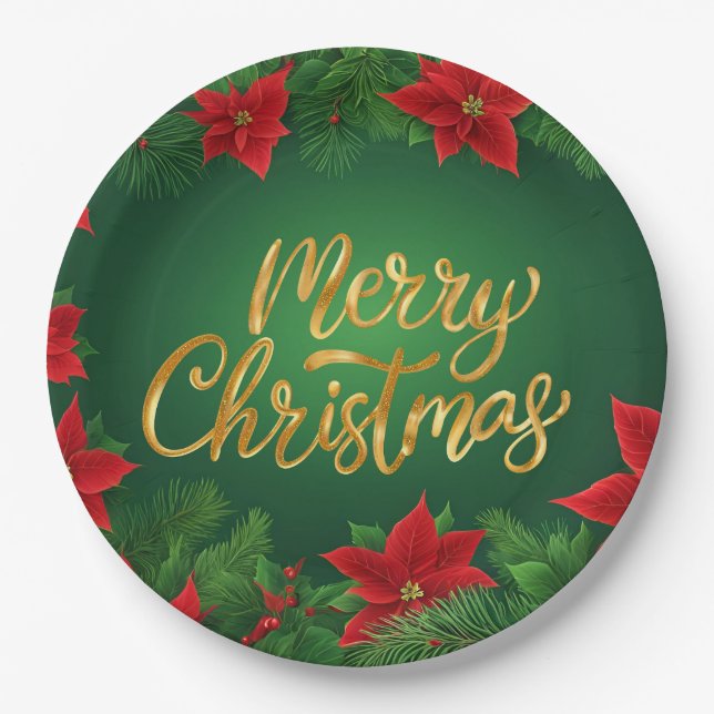 Plato De Papel Flores de poinsettia roja y ramas de pino navidade (Anverso)
