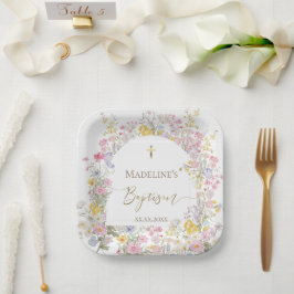 Plato De Papel flores de prado al acuarela Bautismo