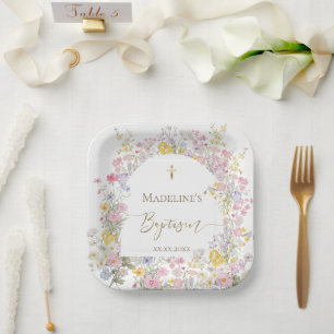 Plato De Papel flores de prado al acuarela Bautismo