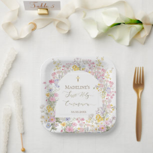 Plato De Papel flores de prado al acuarela Primera Comunión