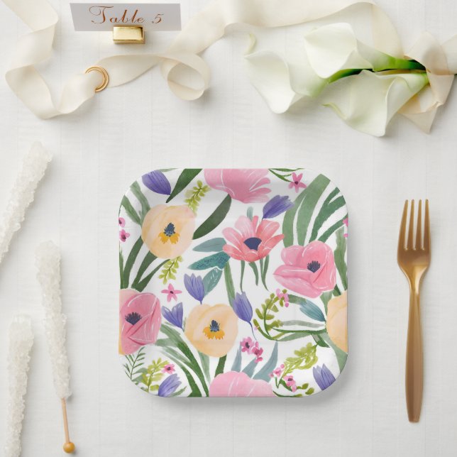 Plato De Papel Flores de primavera | Acuarela Floral Pastel (Boda)