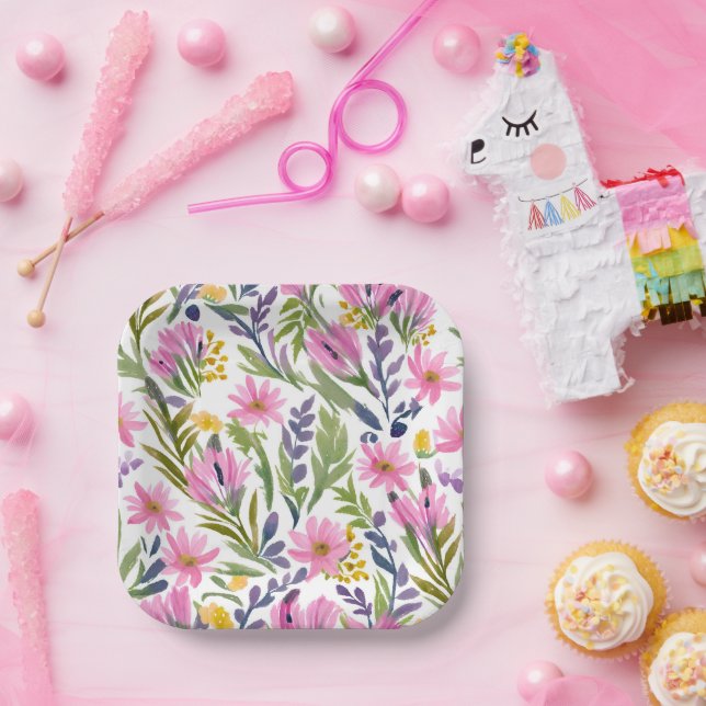 Plato De Papel Flores de primavera | Bonito Pastel Floral Acuarel (Fiesta)