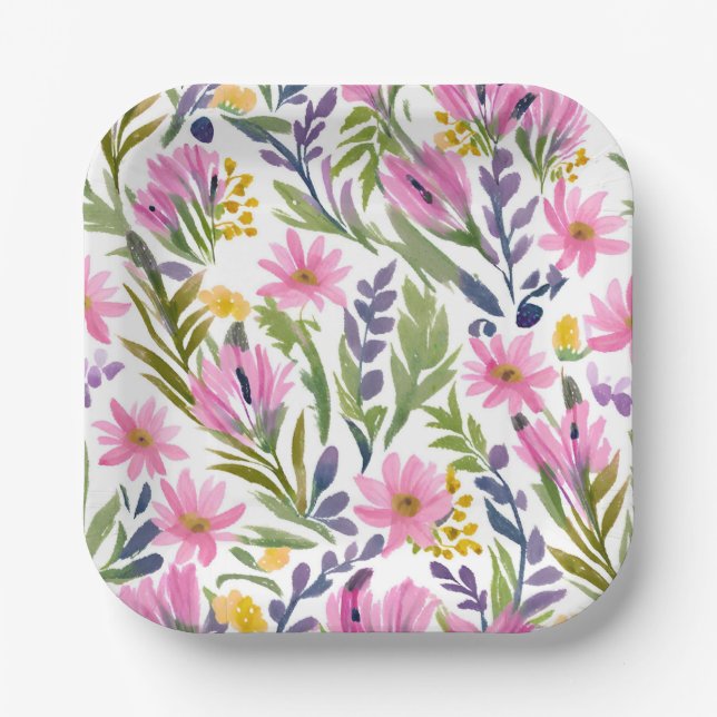 Plato De Papel Flores de primavera | Bonito Pastel Floral Acuarel (Anverso)