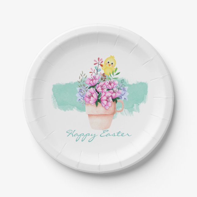 Plato De Papel Flores de primavera con pollito de Pascua (Anverso)