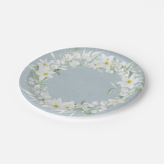 Plato De Papel Flores de primavera en guirnalda floral blanca (Angular)