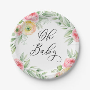 Plato De Papel Flores de Ranunculus de Acuarela para Baby Shower 