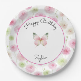 Plato De Papel Flores de Ranunculus Rosa Femeninas Cumpleaños