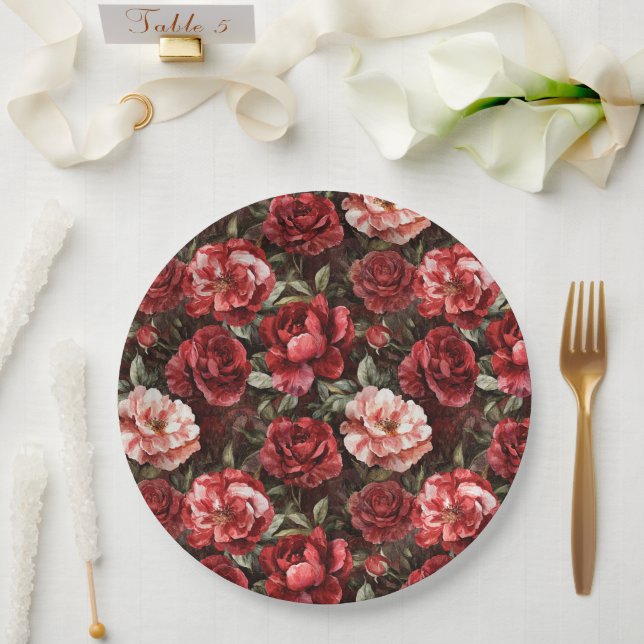 Plato De Papel Flores de Rosa Rosadas Rojas (Boda)