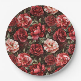 Plato De Papel Flores de Rosa Rosadas Rojas