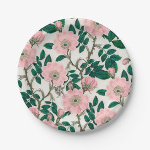 Plato De Papel Flores de Rosa salvajes rosadas y patrón de hojas 