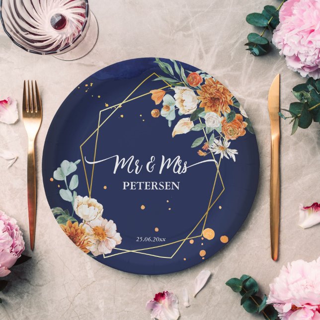 Plato De Papel flores de sabio azul naranja nombre personalizado  (Subido por el creador)