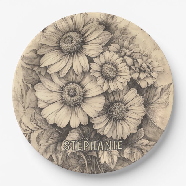 Plato De Papel Flores de sol y mariposa - Papel de edad rústica (Anverso)