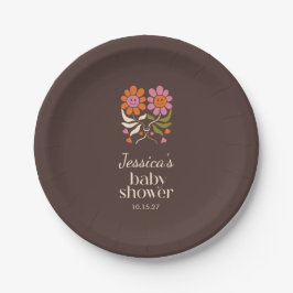 Plato De Papel Flores de sonrisas retro Baby Shower Brown persona