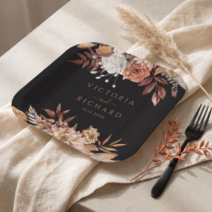 Plato De Papel Flores de Terracota Boho Otoño Bodas Negras