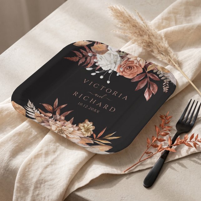 Plato De Papel Flores de Terracota Boho Otoño Bodas Negras (Subido por el creador)