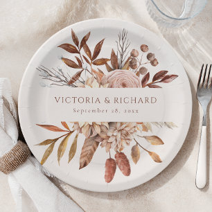Plato De Papel Flores de Terracota Óxido Boho Follaje de Otoño