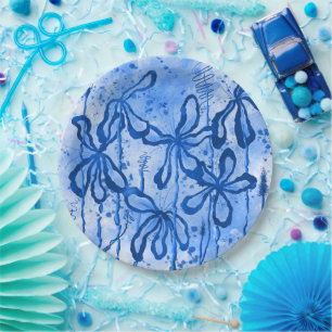 Plato De Papel Flores de tinta abstracta cielo azul