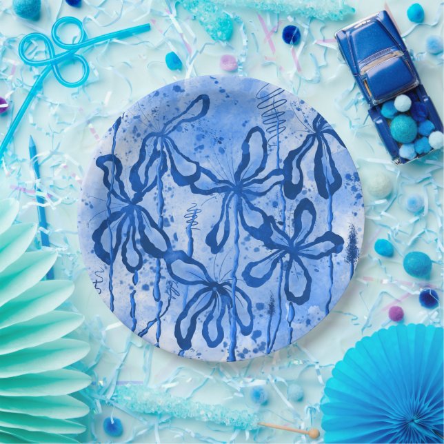 Plato De Papel Flores de tinta abstracta cielo azul (Fiesta)