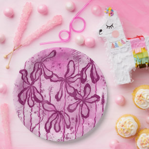 Plato De Papel Flores de tinta abstracta cielo rosado