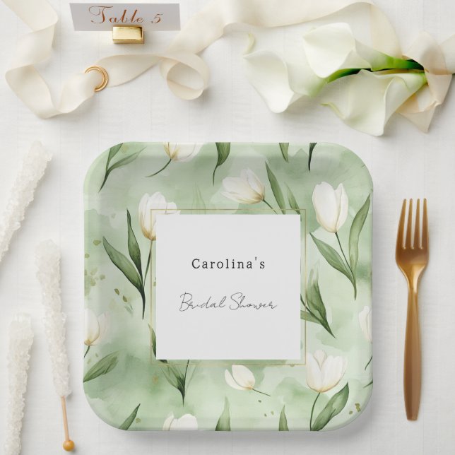 Plato De Papel Flores de Tulipán Blancas Verdes Hermosas para Des (Boda)
