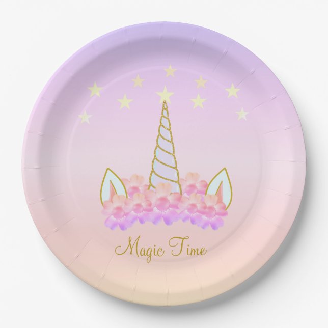 Plato De Papel Flores de Unicornio & Estrellas Magia (Anverso)