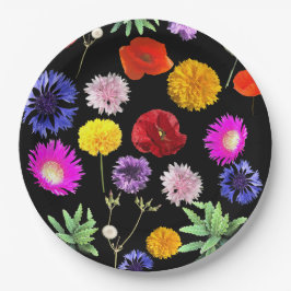 Plato De Papel flores de verano coloridas sobre fondo negro