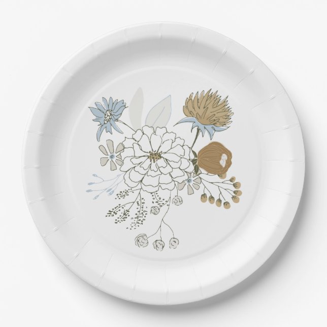 Plato De Papel Flores de verano gris azul claro y beige (Anverso)