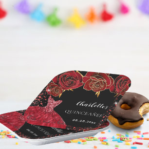 Plato De Papel Flores de vestido rojo negro Quinceanera