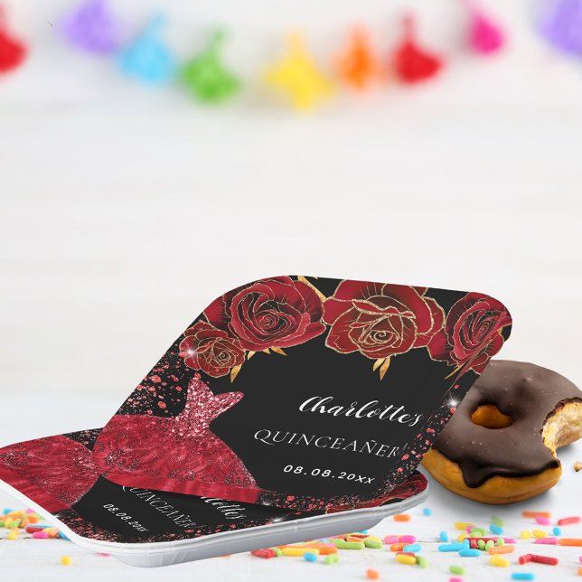 Plato De Papel Flores de vestido rojo negro Quinceanera (Subido por el creador)