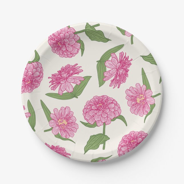 Plato De Papel Flores de zinnia rosa y verde (Anverso)