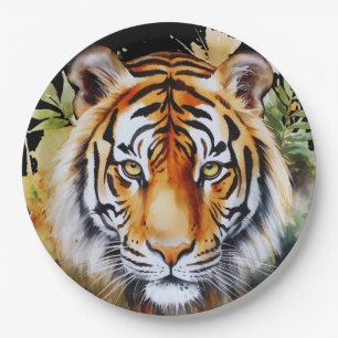 Plato De Papel Flores del Pastel de Tigre Safari acuarela Savanna