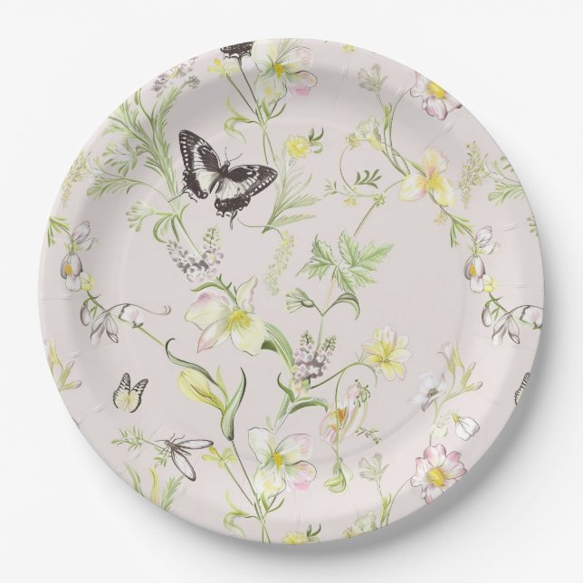 Plato De Papel flores delicadas con una mariposa al estilo chino (Anverso)