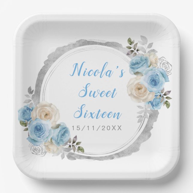 Plato De Papel Flores Dusty Blue Silver Elegante Dulce Dieciséis (Anverso)