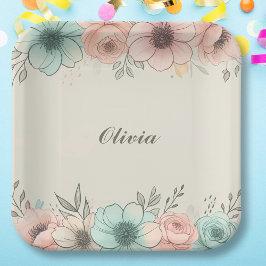 Plato De Papel Flores Elegantes en Acuarela con Estilo de Boceto