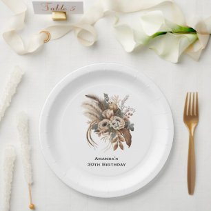 Plato De Papel Flores elegantes Foliage y Feathers Cumpleaños