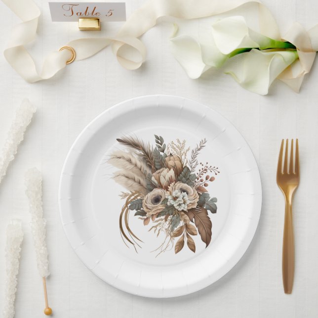 Plato De Papel Flores elegantes Foliage y plumas (Boda)