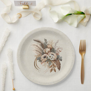 Plato De Papel Flores elegantes, follaje y plumas