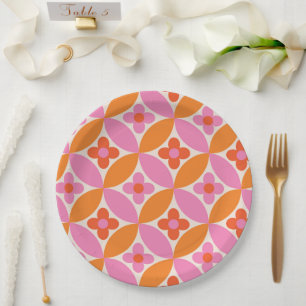 Plato De Papel Flores en círculos rosa naranja de mediados de sig