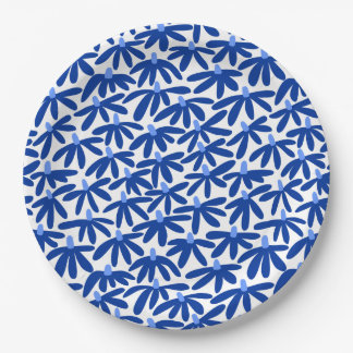 Plato De Papel Flores estilizadas: tonos azules y blancos