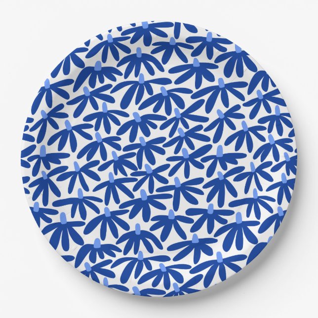 Plato De Papel Flores estilizadas: tonos azules y blancos (Anverso)