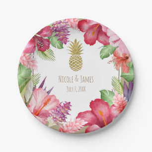 Plato De Papel Flores exóticas tropicales y piña dorada elegante