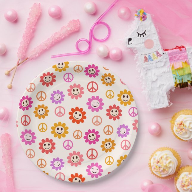 Plato De Papel Flores felices retro sonrientes con signos de paz (Fiesta)