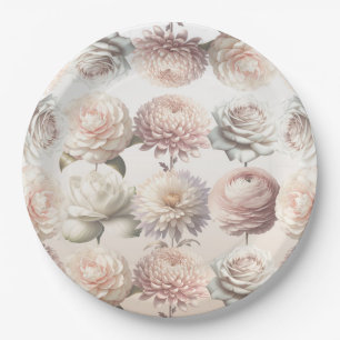 Plato De Papel Flores Florales Blancas Cremosas Rosa Perfecto par