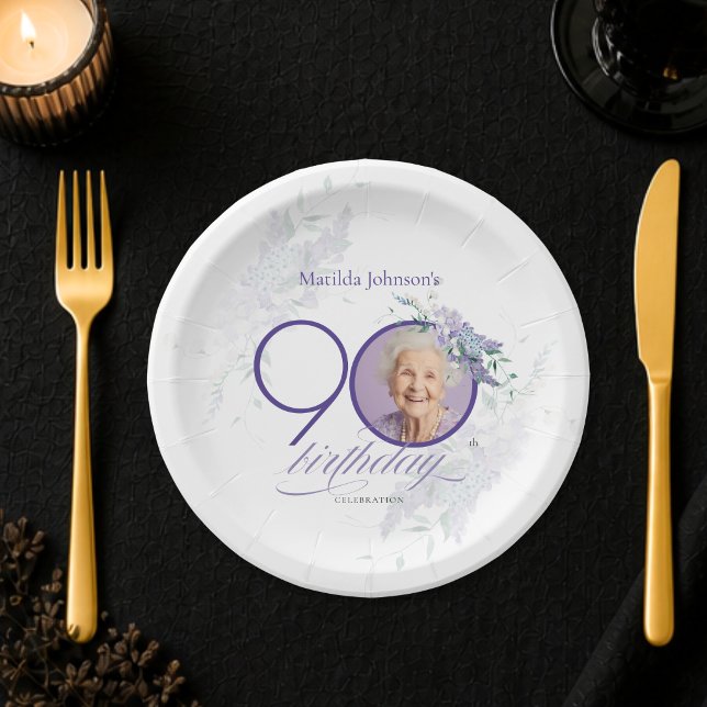 Plato De Papel Flores Fotográficas Personalizadas Cumpleaños 90 M (Custom Photo Floral Purple 90th Birthday Paper Plates)