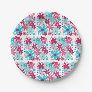 Plato De Papel Flores funky azules y rosas