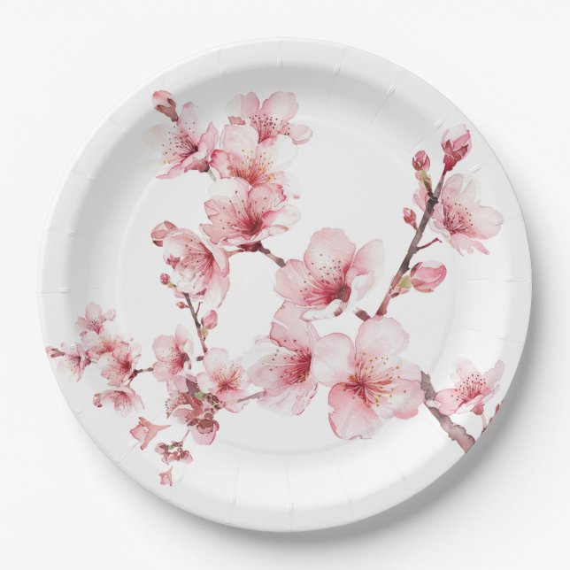 Plato De Papel Flores Hermosas del Cerezo Rosa (Anverso)