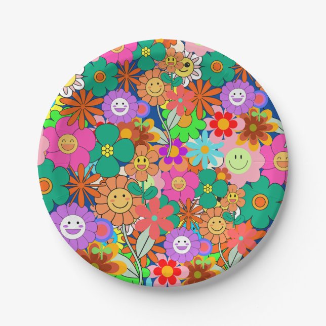 Plato De Papel Flores Hippie Retro Groovy Boho (Anverso)