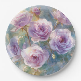 Plato De Papel Flores Impresionistas de Rosas Lilas