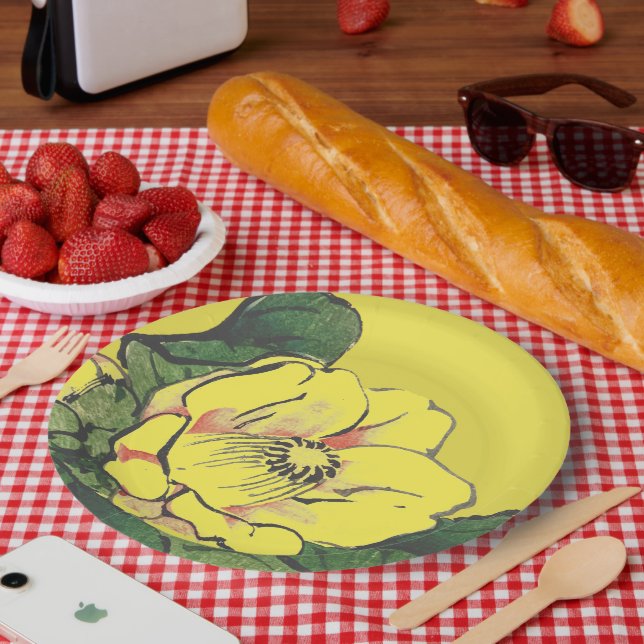 Plato De Papel FLORES JAPONESES AMARILLOS DE plástico (Picnic)